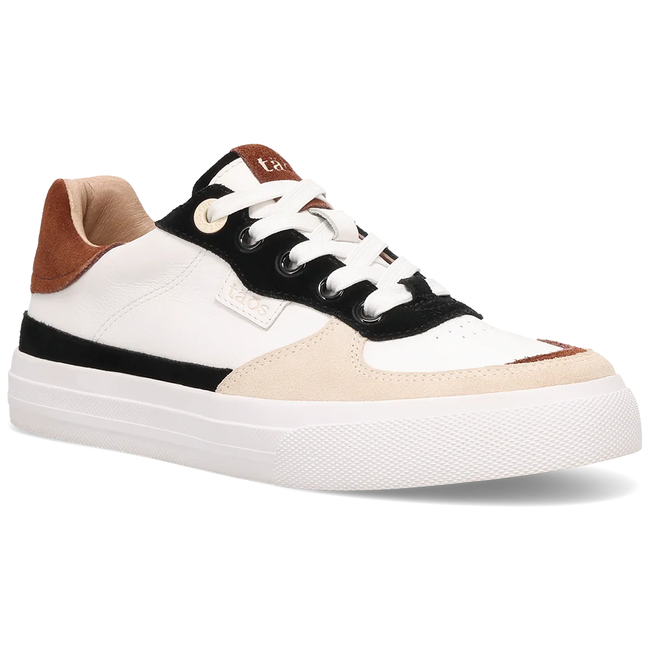 Taos Pop Soul sneaker in white leather with black and brown suede, three quarter view