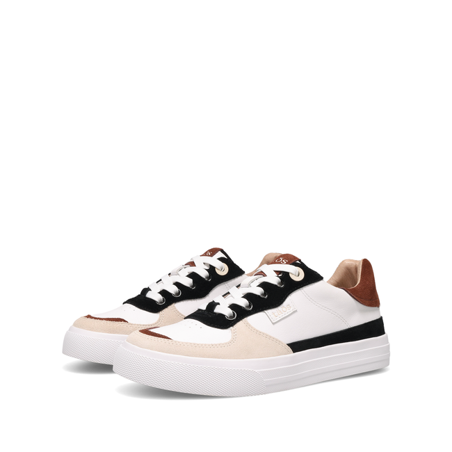 Pair of Taos Pop Soul sneakers in white leather with black and brown suede