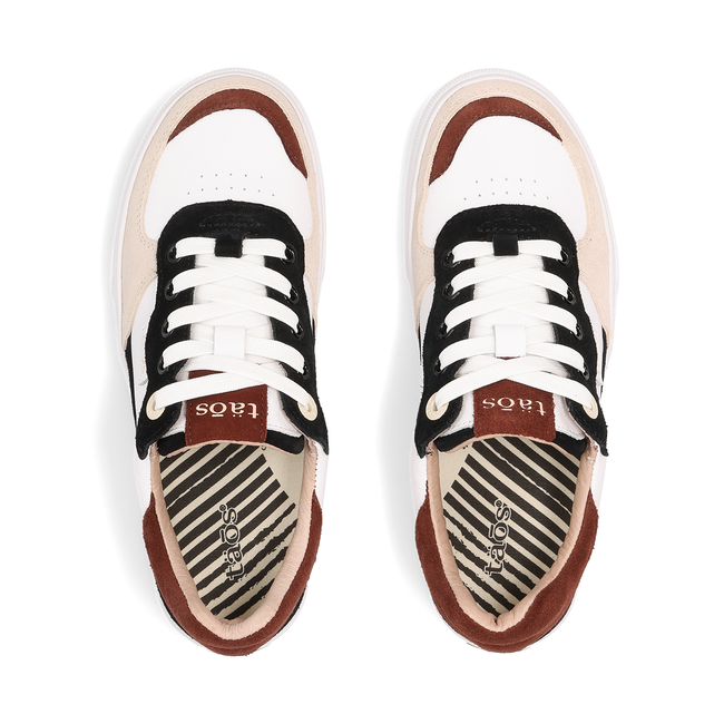 Top down view of the Taos Pop Soul pair showing the striped suede footbed