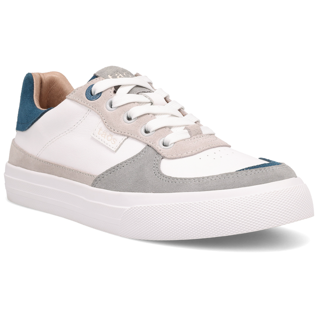 Taos Pop Soul sneaker in white leather with grey suede and petrol blue accents, three quarter view