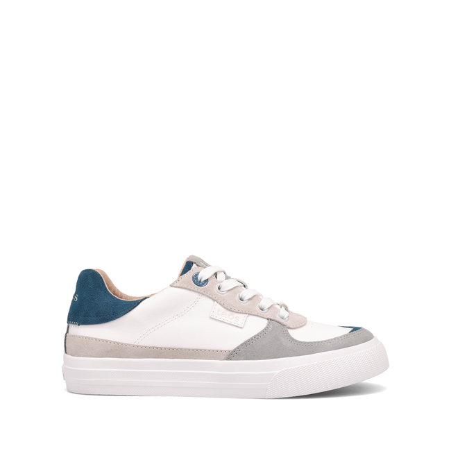 Lateral profile of the Taos Pop Soul in white leather with grey suede toe cap