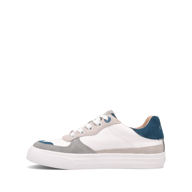 Medial profile of the Taos Pop Soul in white leather with petrol blue suede heel