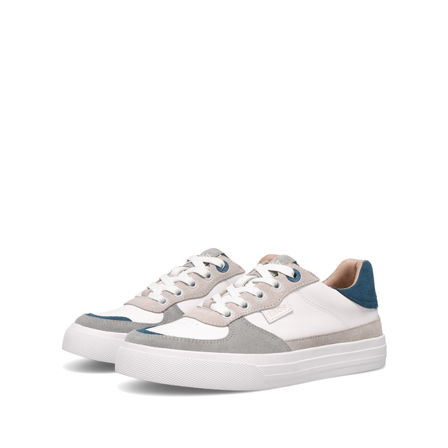 Pair of Taos Pop Soul sneakers in white leather with grey and petrol blue suede
