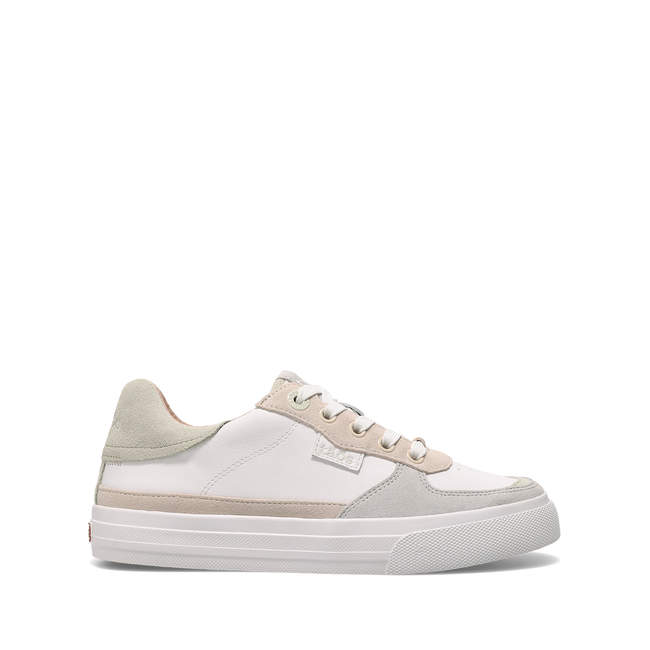 Taos Pop Soul sneaker in white leather with sand suede and ice accents, lateral side view