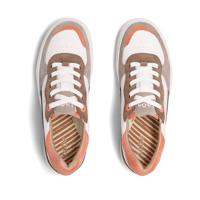 Taos Pop Soul sneaker in white leather with walnut suede and peach accents, top view