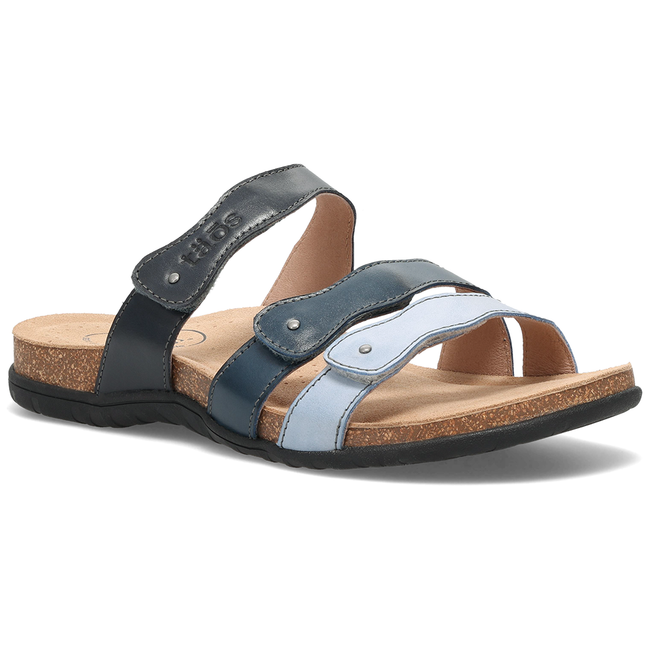 Taos Scribble sandal in blue multicolor, three quarter angled view