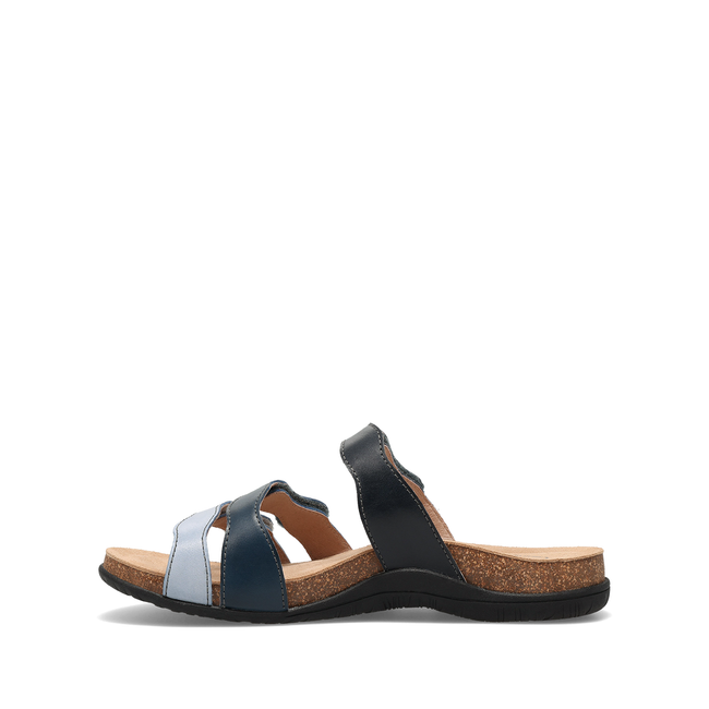 Medial profile of the Taos Scribble sandal in blue multicolor
