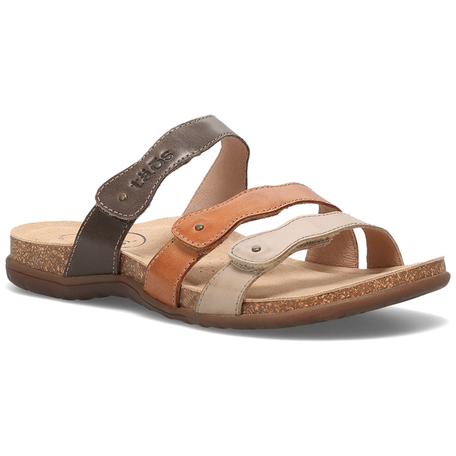 Taos Scribble sandal in brown multicolor, three quarter angled view