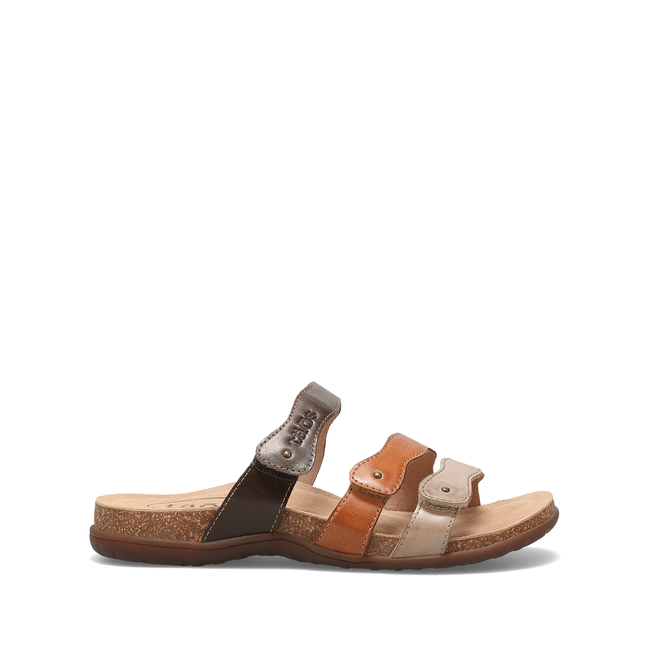 Lateral profile of the Taos Scribble sandal in brown multicolor