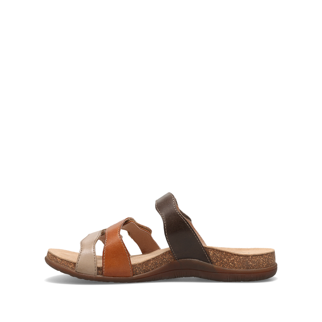 Medial profile of the Taos Scribble sandal in brown multicolor