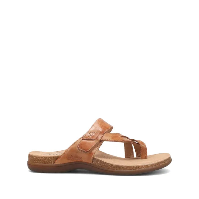 Lateral side of Women's Taos Perfect Sandal in tan leather with open back and toe post