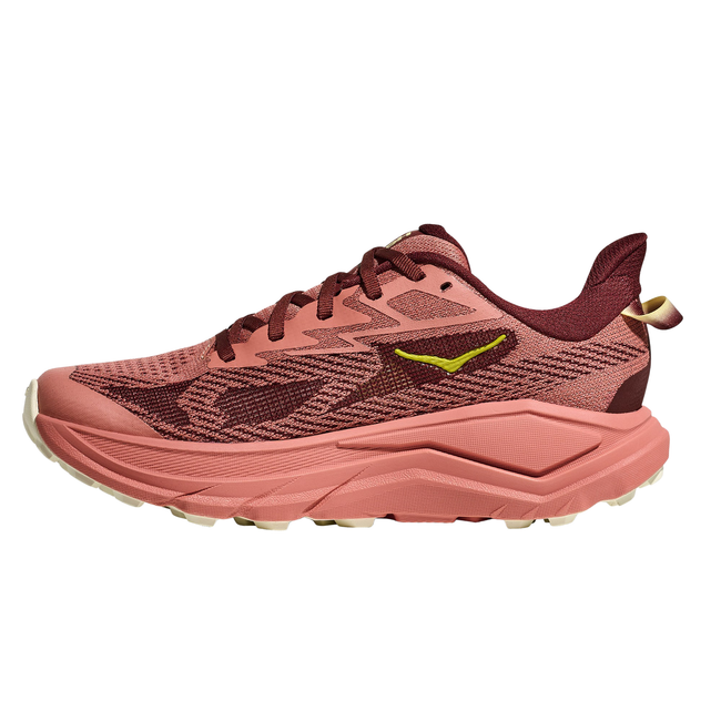 Medial side of Hoka Women's Challenger 8 Trail Running Shoe in Dark Cedar Red