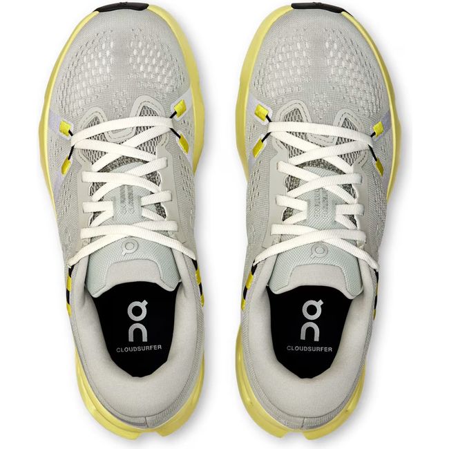 Top down view of On Running Women's Cloudsurfer 2 Running Shoes in glacier grey and limelight yellow