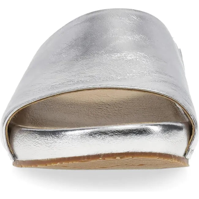 Dansko Twyla slide sandal in pewter metallic leather, front view