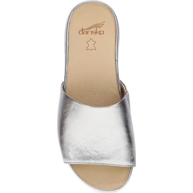Dansko Twyla slide sandal in pewter metallic leather, top view showing single band