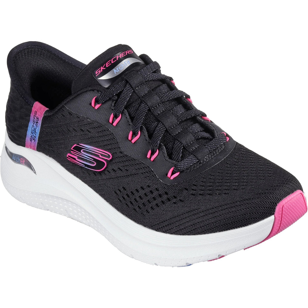 Three-quarter view of Skechers Women's Slip-ins Arch Fit 2.0 Easy Chic Sneaker in Black/Hot Pink