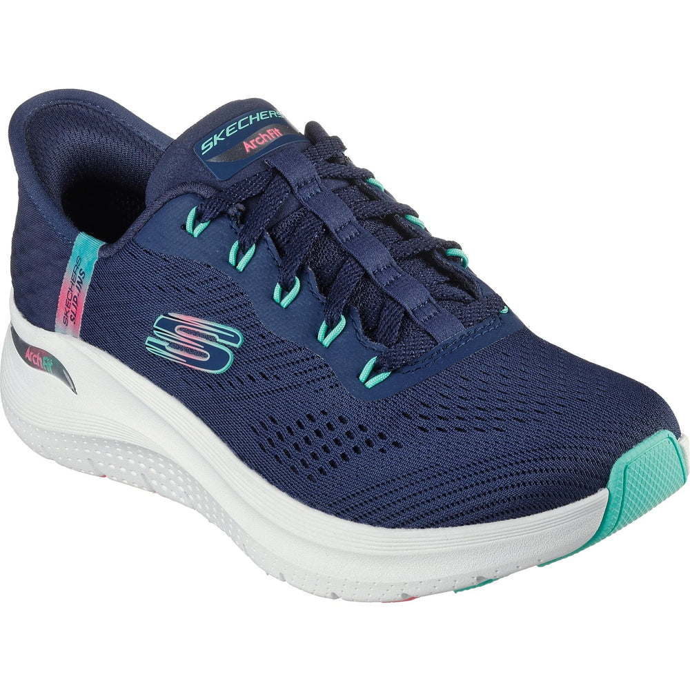 Three-quarter view of Skechers Women's Slip-ins Arch Fit 2.0 Easy Chic Sneaker in Navy/Turquoise