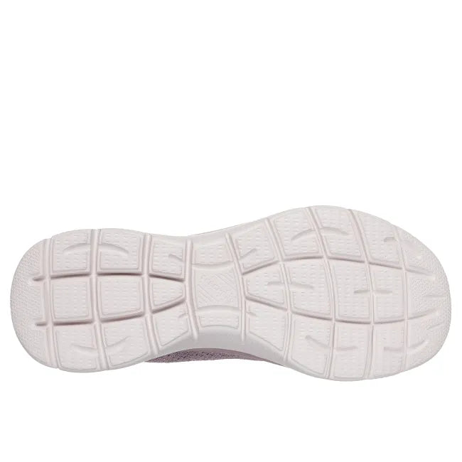 White outsole of the Pink Skechers Summits Floral Dreams women’s sneaker with flexible traction grooves.