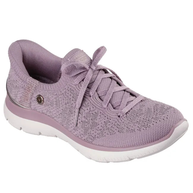 Pink Skechers Slip-ins Martha Stewart Summits Floral Dreams women’s sneaker with white sole, angled