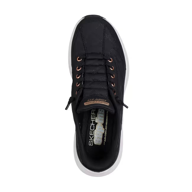 Top-down view of black Skechers Slip-ins Cozy Fit Golden Hour women’s sneaker with quilted upper and rose‑gold accents