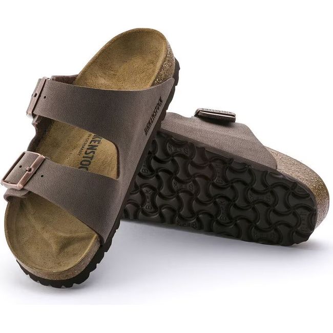 Top-down view of Birkenstock Arizona Mocha two strap sandals showing the sole and upper