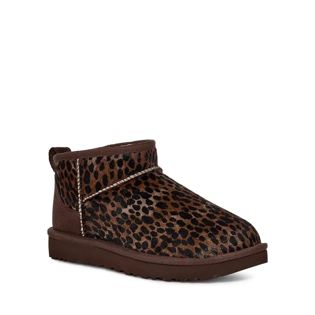 Front angled view of UGG Women's Classic Mini Caspian Boot in Burnt Cedar Brown Leopard Print