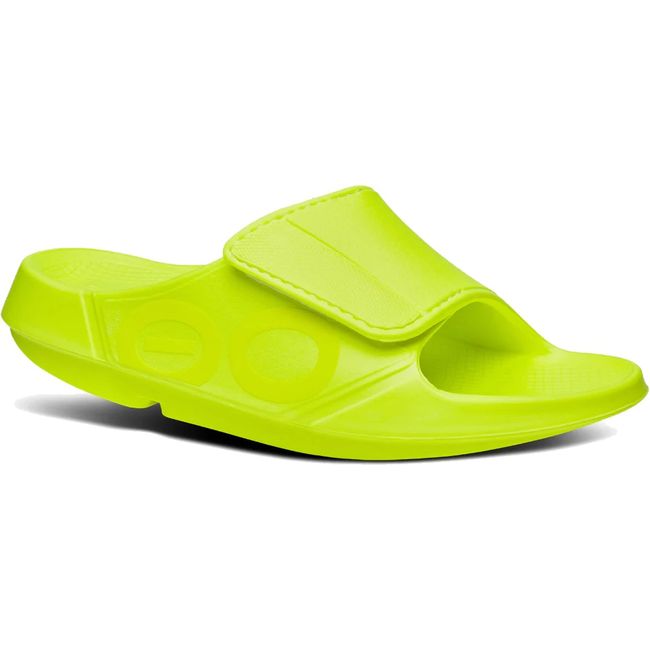 Front angled view of Unisex OOfos OOahh Sport Flex Slide Sandal in Electro Yellow