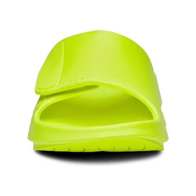 Front of Unisex OOfos OOahh Sport Flex Slide Sandal in Electro Yellow with velcro strap