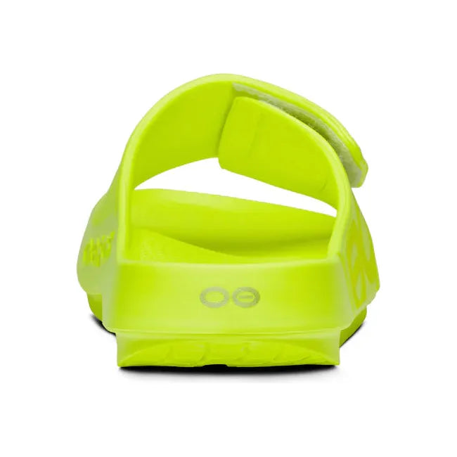 Heel of Unisex OOfos OOahh Sport Flex Slide Sandal in Electro Yellow