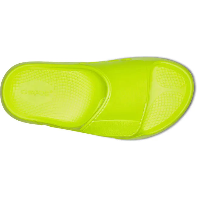 Upper of Unisex OOfos OOahh Sport Flex Slide Sandal in Electro Yellow with velcro strap