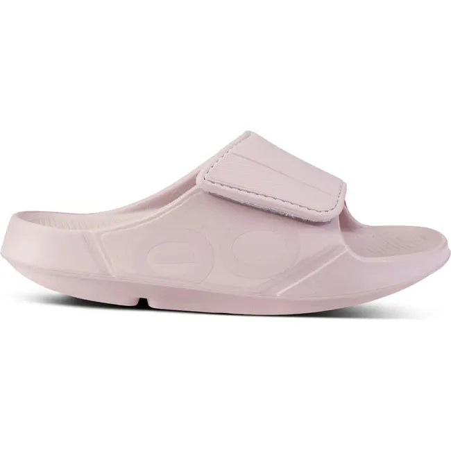 Lateral side of Unisex OOfos OOahh Sport Flex Slide Sandal in Stardust Pink with velcro strap