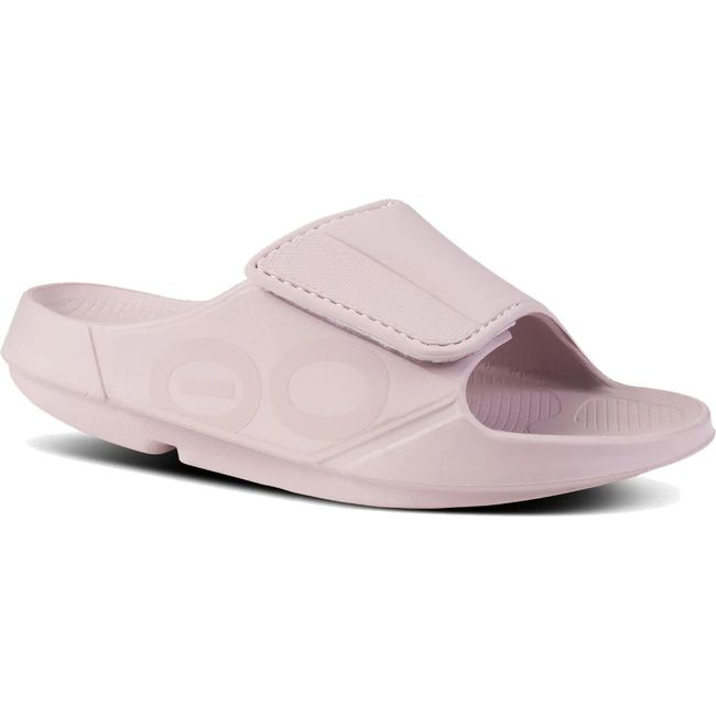 Front angled view of Unisex OOfos OOahh Sport Flex Slide Sandal in Stardust Pink