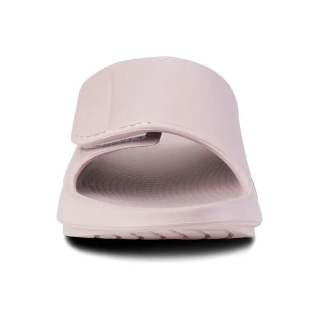 Front of Unisex OOfos OOahh Sport Flex Slide Sandal in Stardust Pink with velcro strap