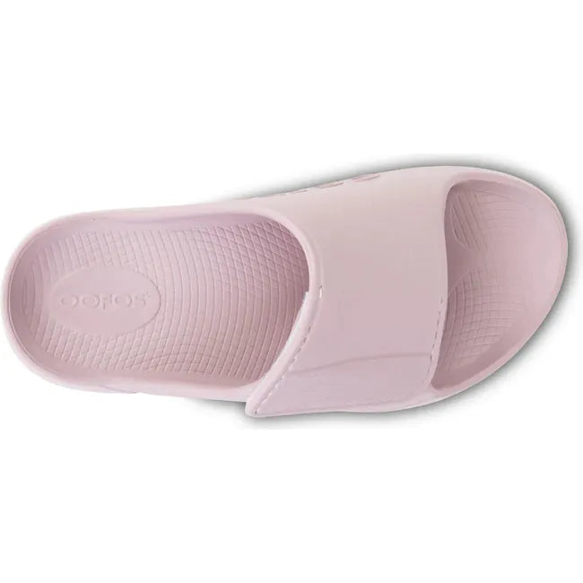 Upper of Unisex OOfos OOahh Sport Flex Slide Sandal in Stardust Pink with velcro strap