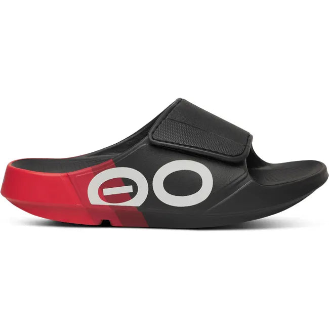 Lateral of Unisex OOfos OOahh Sport Flex Slide Sandal in Black and Fire Rally Red with velcro strap