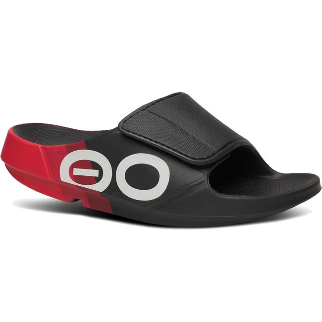 Front angled view of Unisex OOfos OOahh Sport Flex Slide Sandal in Black and Fire Rally Red