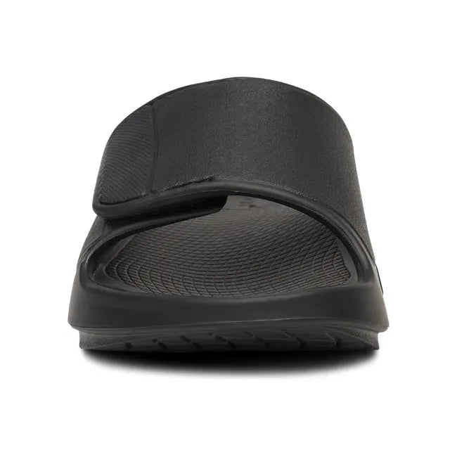 Front of Unisex OOfos OOahh Sport Flex Slide Sandal in Black and Fire Rally Red with velcro strap
