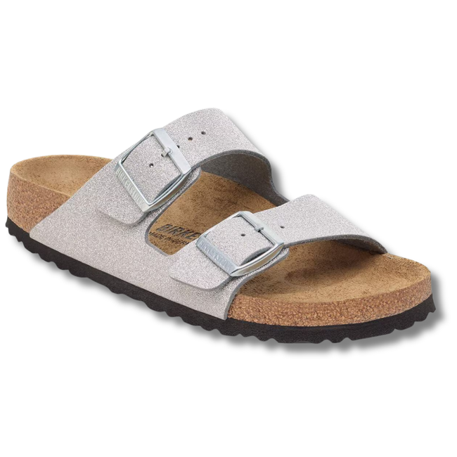Angled side of Birkenstock Women's Arizona Sandal in Silver Glitter