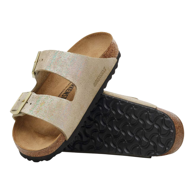 Top and Sole of Birkenstock Women's Arizona Suede Sandal in Shimmering Taupe