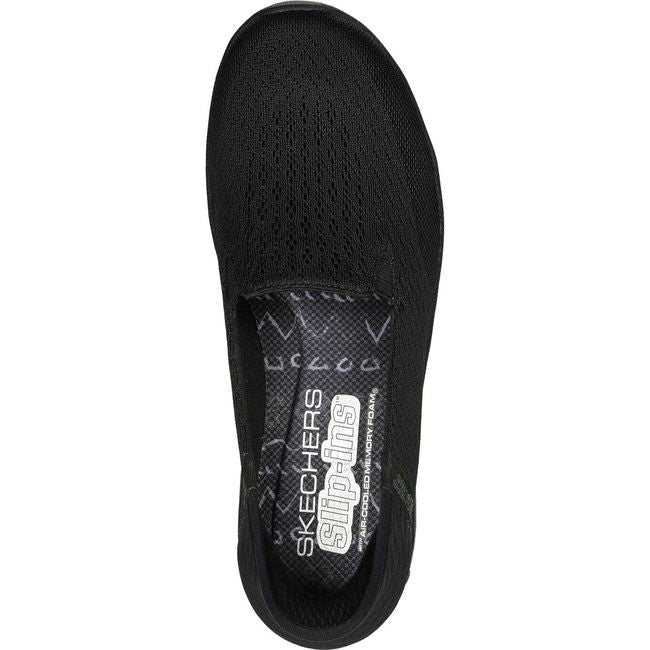 Top down view of Women's Skechers Hands Free Slip ins Reggae Fest 2.0 Shoe in black mesh