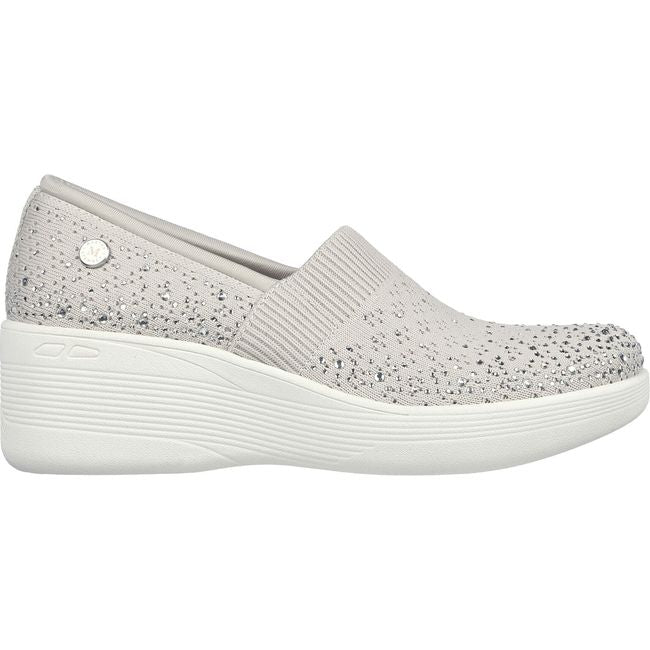 Lateral side of Skechers Women's Martha Stewart shoes Pier-Lite Reflection Wedge in gray rhinestone