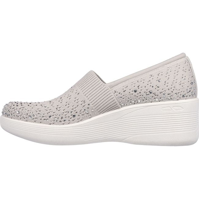 Medial side of Skechers Women's Martha Stewart shoes Pier-Lite Reflection Wedge in gray rhinestone