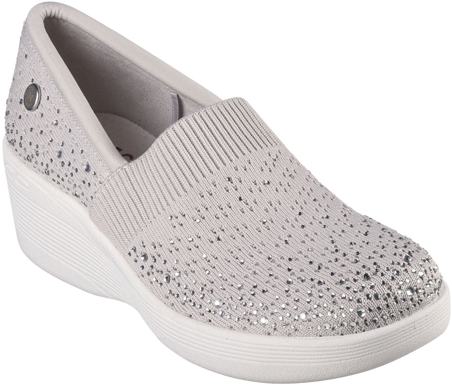 Front of Skechers Women's Martha Stewart shoes Pier-Lite Reflection Wedge in gray rhinestone