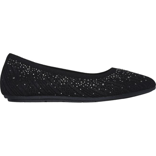 Lateral side of Women's Skechers Cleo 2.0 Glitzy Daze Flat in black with rhinestones