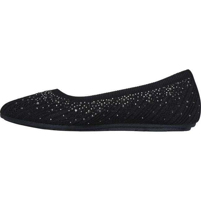 Medial side of Women's Skechers Cleo 2.0 Glitzy Daze Flat in black with rhinestones