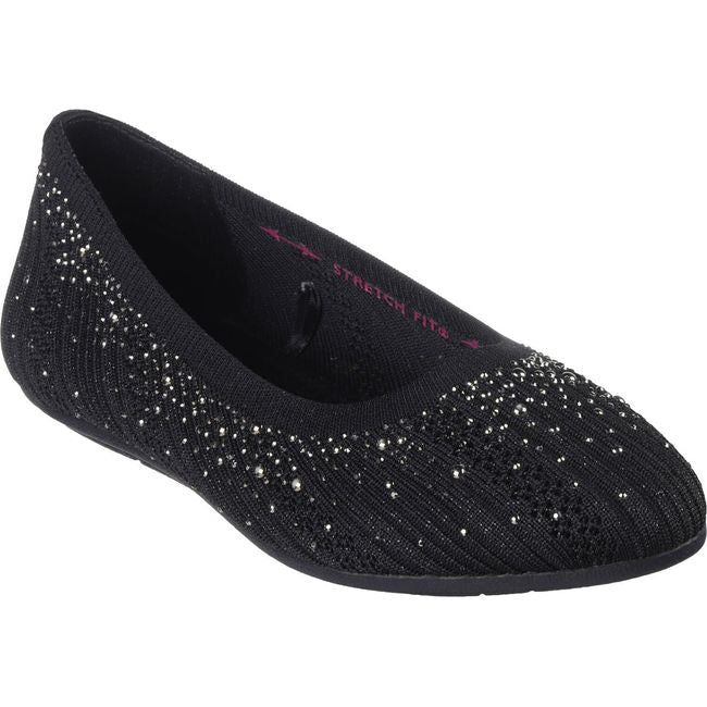Front angled view of Women's Skechers Cleo 2.0 Glitzy Daze Flat in black with rhinestones