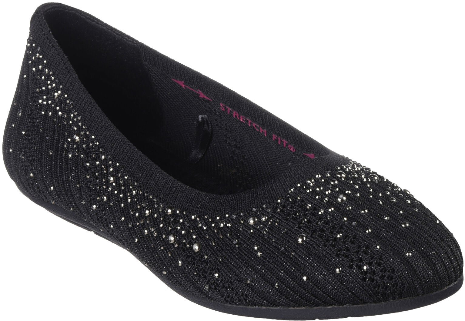 Front angled view of Women's Skechers Cleo 2.0 Glitzy Daze Flat in black with rhinestones