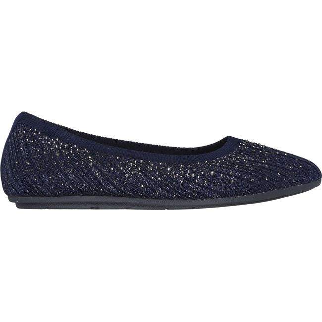 Lateral side of Women's Skechers Cleo 2.0 Glitzy Daze Flat in navy with rhinestones