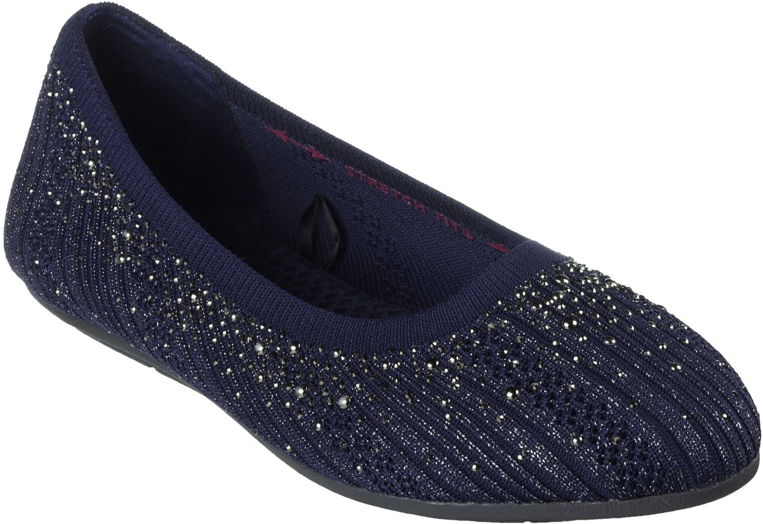 Front angled view of Women's Skechers Cleo 2.0 Glitzy Daze Flat in navy with rhinestones