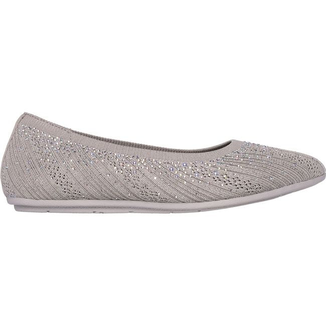 Lateral side of Women's Skechers Cleo 2.0 Glitzy Daze Flat in taupe with rhinestones